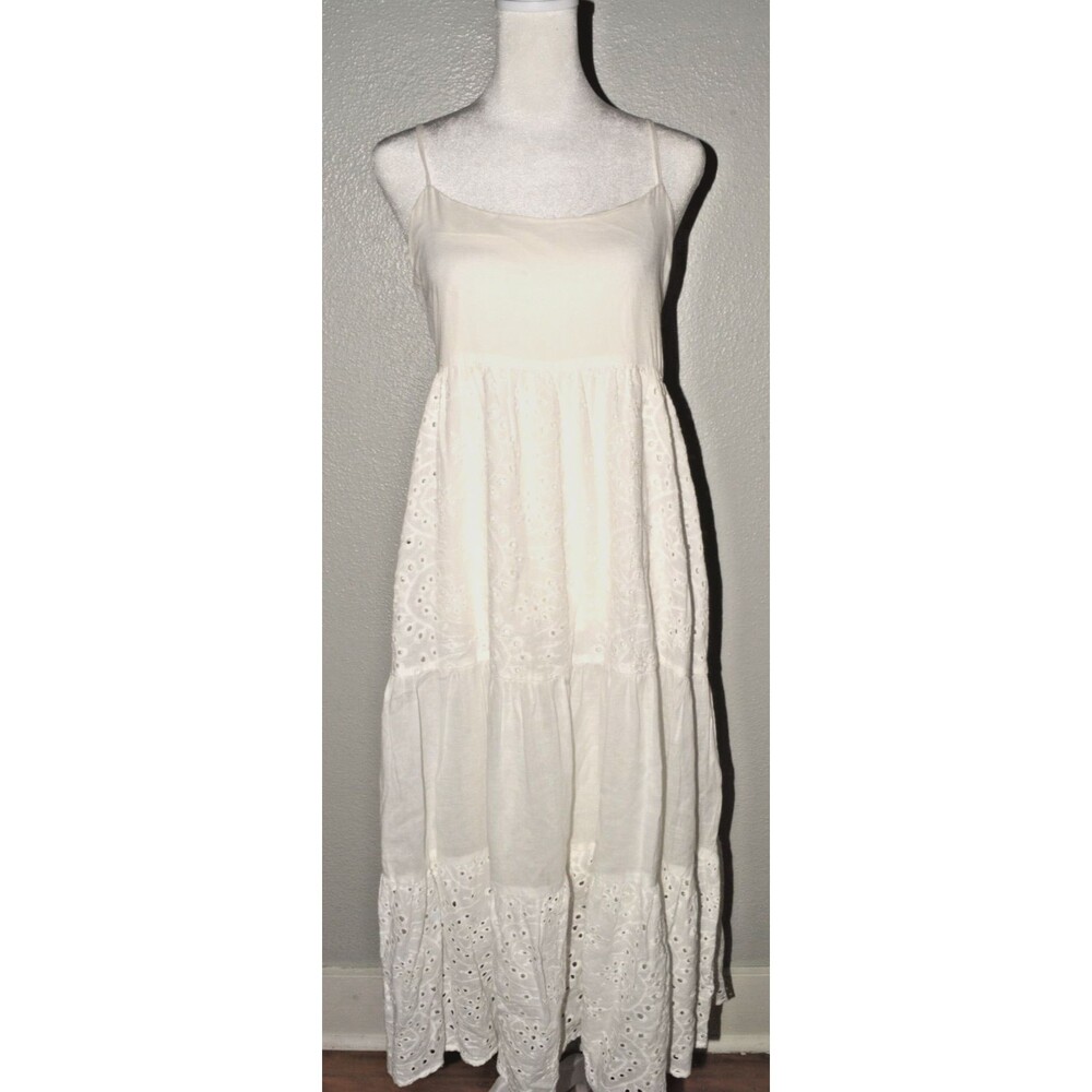 Lush White Eyelet Maxi Dress Size M Boho Tiered Spaghetti Strap Cottagecore - Picture 2 of 4